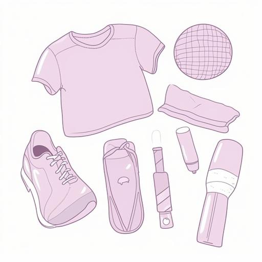 draw sport equipments for girls in the form of a quick sketch minimalistic in soft pink white lavender colors --v 5