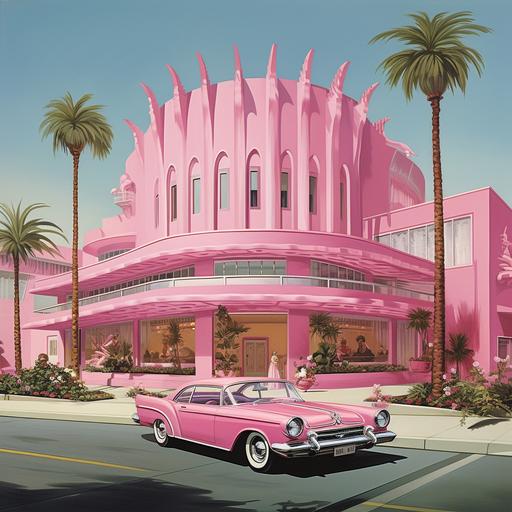 draw the los angeles film school building at 6363 sunset blvd as a barbie dream house. it should still look like the los angeles film school building, but as if it exsited in barbie's world