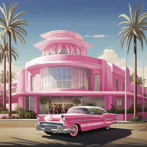 draw the los angeles film school building at 6363 sunset blvd as a barbie dream house. it should still look like the los angeles film school building, but as if it exsited in barbie's world