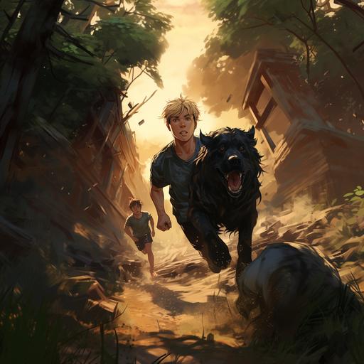 draw very tall boy, blond, 17 years old, running in the wild with a big fat black dog --s 750