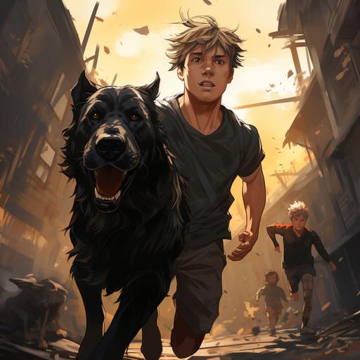 draw very tall boy, blond, 17 years old, running in the wild with a big fat black dog --s 750