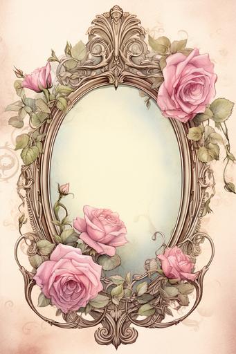 draw victorian mirror in the room with flower for digital junk journal on ancient paper --ar 2:3 --v 5.2