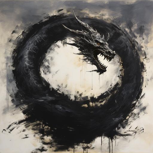 drawing a paint of Ouroboros, but instead of snake, the painting shows a chinese dragon eating lts own tail, in style of francisco goya's black paintings. 1:1 ratio.