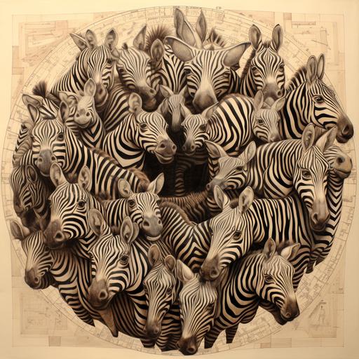 drawing, childrens drawing. 100 zebras all squashed up against each other completely filling the page, with a small cartography wheel hidden underneath 1 of the zebras. Optical illusion, sepia tone, black pen on parchment