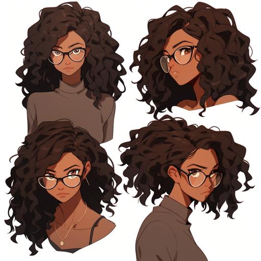 drawing in anime style, female, woman, 20 years old, model for visual novel, archetype: Good Girl/Nerd. Hair: brown, square cut. Brown eyes. Skin: dark or swarthy, which is the result of mixing several races (African or Asian phototype). The height is short. Shape type: rectangle. Style: nerdy girl. --niji 5