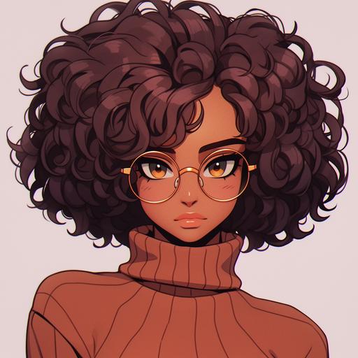 drawing in anime style, female, woman, 20 years old, model for visual novel, archetype: Good Girl/Nerd. Hair: brown, square cut. Brown eyes. Skin: dark or swarthy, which is the result of mixing several races (African or Asian phototype). The height is short. Shape type: rectangle. Style: nerdy girl. --niji 5