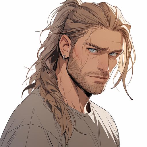 drawing in anime style, male, man, 40 years old, Archetype: Artist/Romantic. Hair: blond, shoulder length. Hairstyle: a creative mess, you can even braid a messy pigtail. Eyes: gray. Skin: Central European type with a light tan, weathered. Face: strong chin, thin lips, slight unshavenness. Style: bohemian. --niji 5