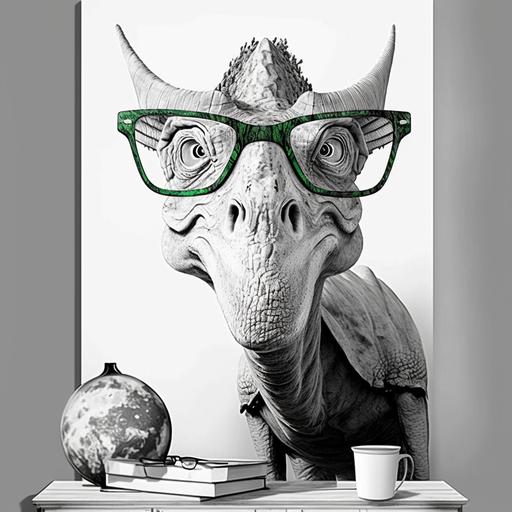 drawing in black and white of dinosaur with glasses wall art --v 4 --s 750