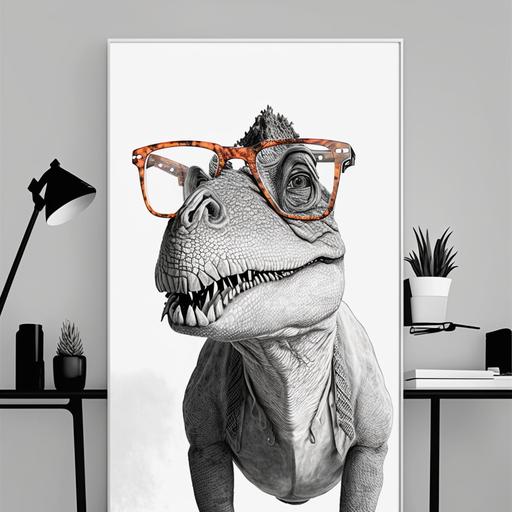 drawing in black and white of dinosaur with glasses wall art --v 4 --s 750