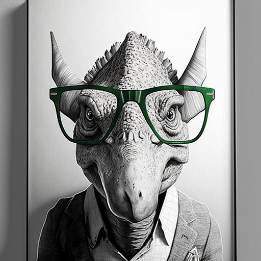 drawing in black and white of dinosaur with glasses wall art --v 4 --s 750