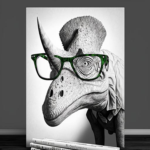 drawing in black and white of dinosaur with glasses wall art --v 4 --s 750