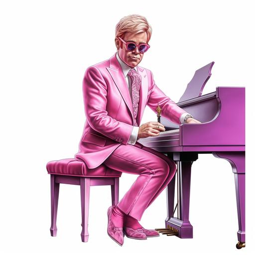 drawing in color realistic elton john who play pink piano in cartoon style white background