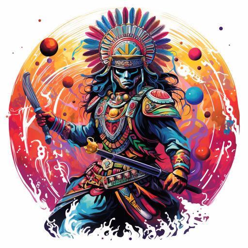 drawing of a aztec warrior, wearing an astronaught helmet, dressed as samurai, doing martial arts in space, logo, with white background, psychadelic