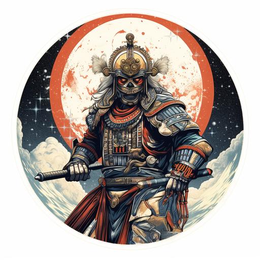 drawing of a aztec warrior, wearing an astronaught helmet, dressed as samurai, doing martial arts in space, logo, with white background, in vintage japanese art style