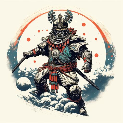 drawing of a aztec warrior, wearing an astronaught helmet, dressed as samurai, doing martial arts in space, logo, with white background, in vintage japanese art style