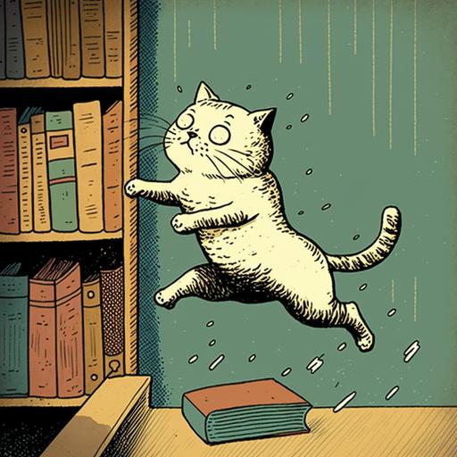 drawing of a dumb cat falling off bookshelf comically