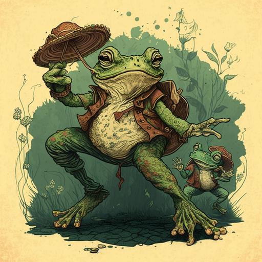 drawing of a frog and a mushroom, in the style of dance, fantasy characters, animated film pioneer, action paintings, hermitpunk, detailed costumes, les nabis --uplight --q 2 --v 4
