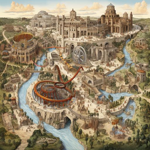 drawing of a map of an amusement park with 27 seven atractions based in the ancient roman empire