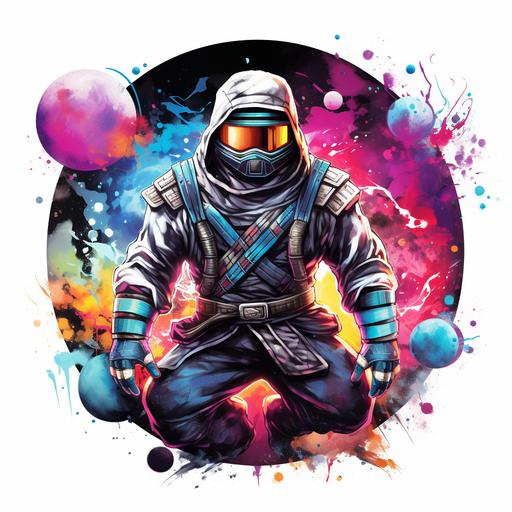 drawing of a ninja, wearing an astronaught helmet, dressed as samurai, doing martial arts in space, logo, with white background, psychadelic