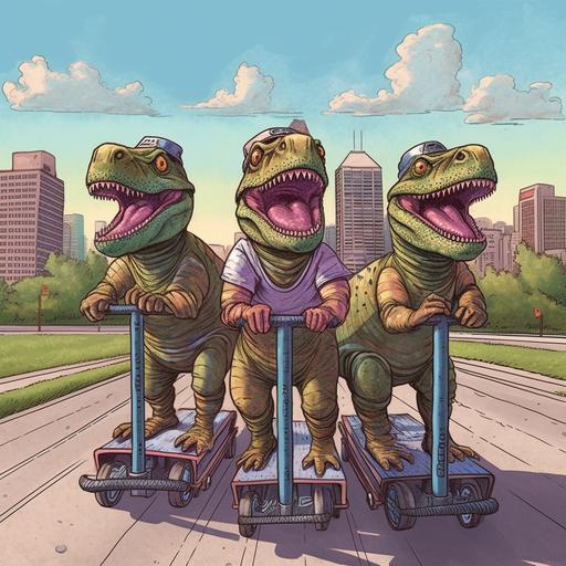drawing of five friendly t-rex's wearing helmets while on a segway tour of chicago