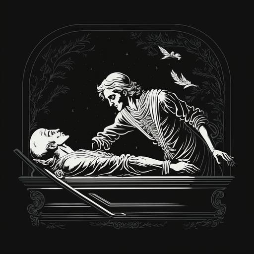 drawing of the 18th century man resurrecting a man lying in the coffin, white lineart on the black background