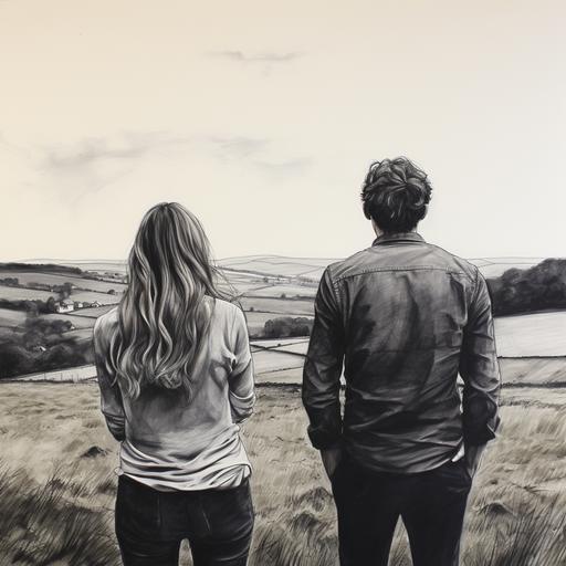 drawing taken from behind so faces are not included - of a chubby, brunette man in glasses and a slim, blonde woman standing separately beside each other in the Yorkshire Dales.