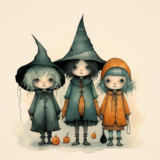 drawings toddler in witch costumes muted tones teal orange precious angels