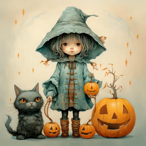 drawings toddler in witch costumes muted tones teal orange precious angels