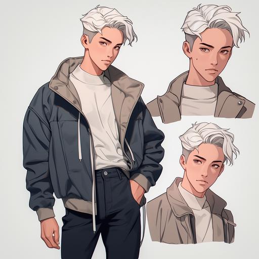 drawn in American realistic anime style, male, man, 18 years old, asian, korean, white hair, casual outfit, gay --niji 5