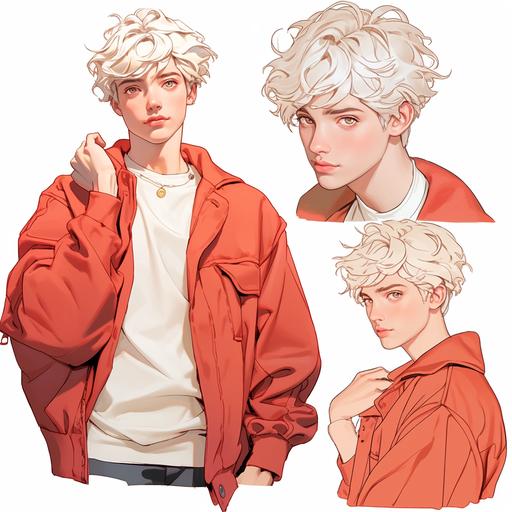 drawn in American realistic anime style, male, man, 18 years old, asian, korean, white hair, casual outfit, gay --niji 5