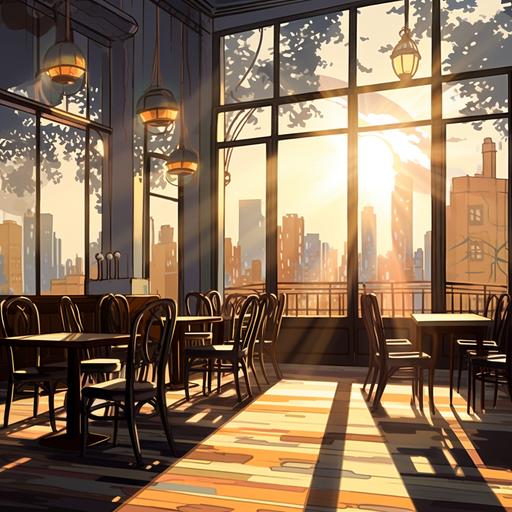 drawn in anime style, background for visual novel, paint drips effect, high quality, hight contrast, dramatic light, art deco interior in Sun Francisco city restaurant
