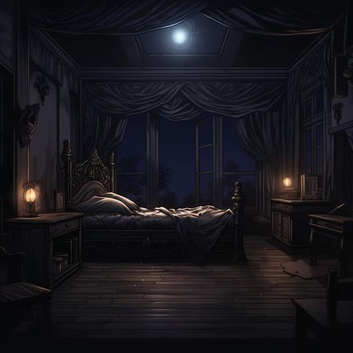 drawn in anime style, environment background for visual novel, male bedroom interior in gothic style, drawn black curtains