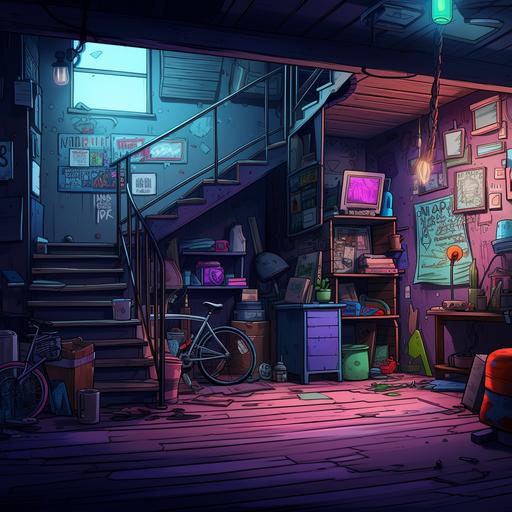 drawn in anime style, environment background for visual novel, Basement with wooden stairs in a house in the city of San Francisco. Prototype: the basement from the Charmed series. There is a bicycle and a surfboard under the wall. There is a mattress and an old chair on the floor. The space is also lined with boxes of various junk. neon noir --v 5.2
