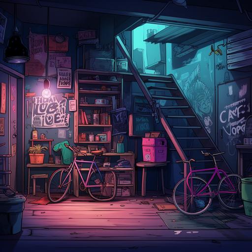drawn in anime style, environment background for visual novel, Basement with wooden stairs in a house in the city of San Francisco. Prototype: the basement from the Charmed series. There is a bicycle and a surfboard under the wall. There is a mattress and an old chair on the floor. The space is also lined with boxes of various junk. neon noir