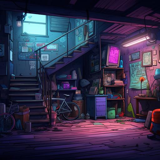 drawn in anime style, environment background for visual novel, Basement with wooden stairs in a house in the city of San Francisco. Prototype: the basement from the Charmed series. There is a bicycle and a surfboard under the wall. There is a mattress and an old chair on the floor. The space is also lined with boxes of various junk. neon noir