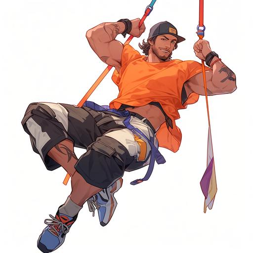drawn in realistic anime style, model for visual novel, A 35-year-old man with a bandana on his head in sports clothes, Hispanic, works as a bungee jumping instructor. Sports figure. --niji 5