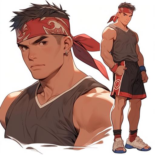 drawn in realistic anime style, model for visual novel, A 35-year-old man with a bandana on his head in sports clothes, Hispanic. Sports figure. --niji 5