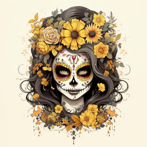 drawn sugar skull with floral crown, yellow and black