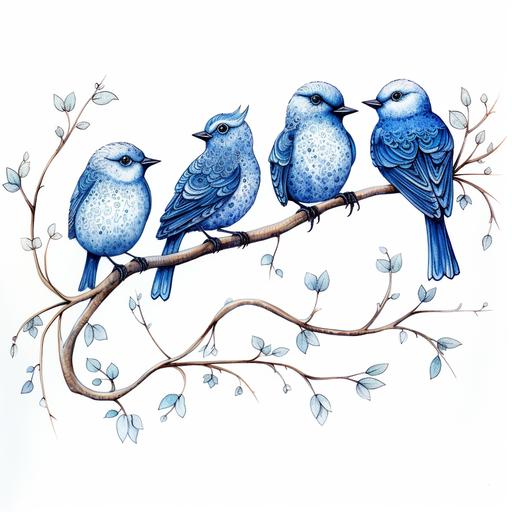drawn with blue india ink from a fountain pen, a cartoon of a few birds perched on a branch. they are dressed for christmas. use white background