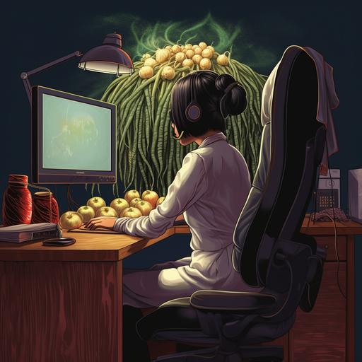 draws an executive woman sitting at a work desk in front of the computer. This woman has no head but a garlic.