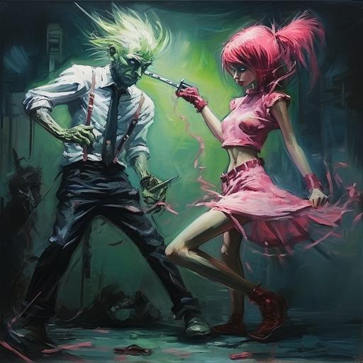 dreadful cliche lowbrow edgy punk dance sweet tooth pink and green symphonic knife fight