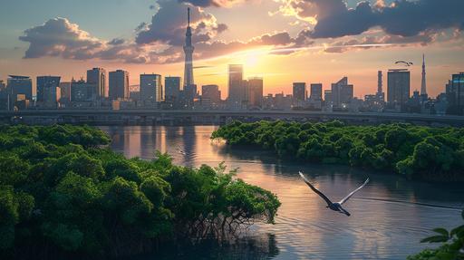 Photorealistic image of Tokyo's skyline featuring mangroves, with a single bird flying in the sky, viewed from behind the bird. The time is evening --ar 16:9