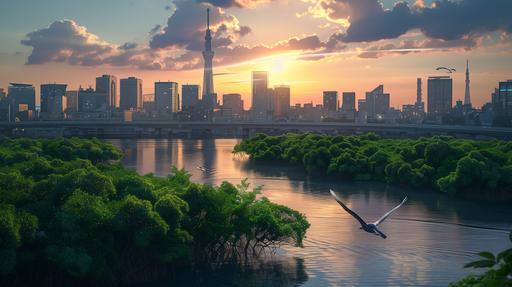 Photorealistic image of Tokyo's skyline featuring mangroves, with a single bird flying in the sky, viewed from behind the bird. The time is evening --ar 16:9 --v 6.0