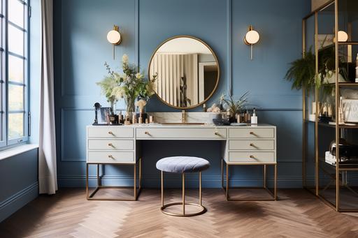 dream minimal blue dressing table in a walk in wardrobe with a large brass mirror, white walls, wood flooring, english country home, large areca palm planter on the side --ar 3:2