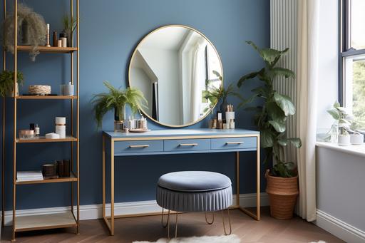 dream minimal blue dressing table in a walk in wardrobe with a large brass mirror, white walls, wood flooring, english country home, large areca palm planter on the side --ar 3:2