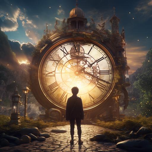 dreams in a magical world with a dear friend,The Timeless Clock Tower,At the center of Dreamland, they found a clock tower that could freeze time for the most magical moments.., realistic, cinematic, 8k, movie, very detailed