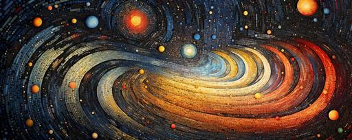 dreamy pointillism art by Leonid Afremov, mechanical drawing, swirling solar system planetary ellipses, menger sponge planets:: lines without lines solar system drawing intricate detail pointillism menger sponge planets fibonnaci spiral --ar 10:4 --v 5.1 --s 250