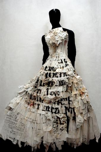 Wedding dress made of torn and burnt love letters on paper --ar 5:7 --s 1500
