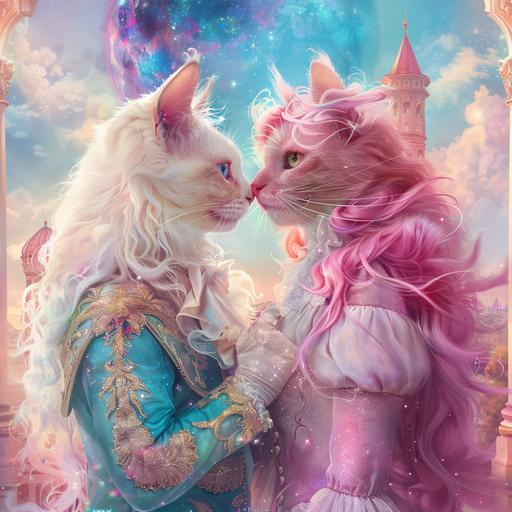dressed in renissance clothing, a boy cat in a dashing suit, a girl cat in a ballgown with long curly pink hair Turn Romeo and Juliet into pastel cats with cotton candy color fur with galaxy pattern. Setting Space Castle with lots of space that shows the castle. 8k hyper realism HD fantasy style for a book cover --v 6.0