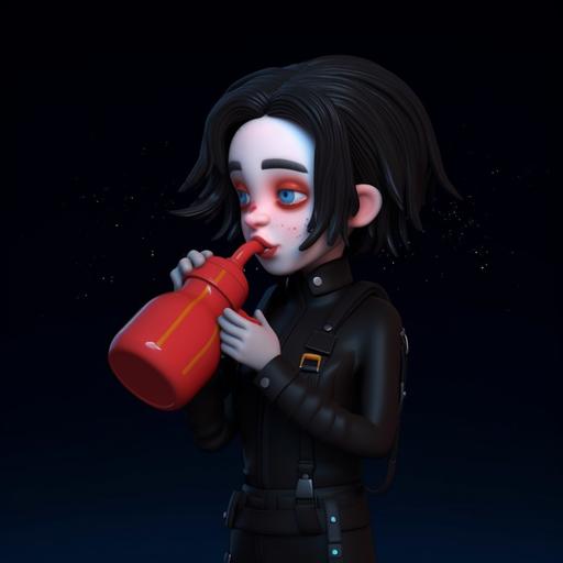 drinking from a firehose as cute goth clay cartoon, sharp 3d art illustration, gloomy pastels, simple, black background, 8k::1.5 text, label, plaque, qr code, bar code, printer's marks, signature, title, caption. typography, meme, inspirational, quote, inscription::-.75